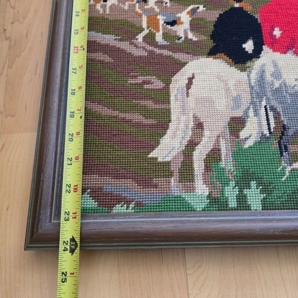 Vintage Framed Needlepoint Fox Hunt Equestrian Scene Wall Art Tapestry Decor - Picture 9 of 13